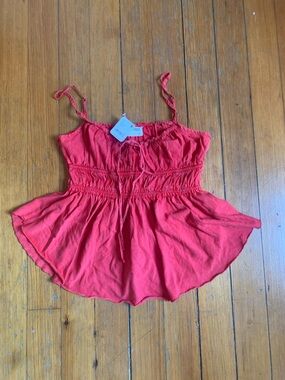 Free People Coral Red Smocked Tie-Front Cami